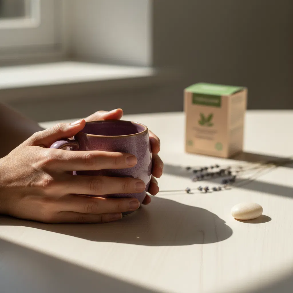 Hands holding a warm ceramic mug on a kitchen table - morning wellness routine