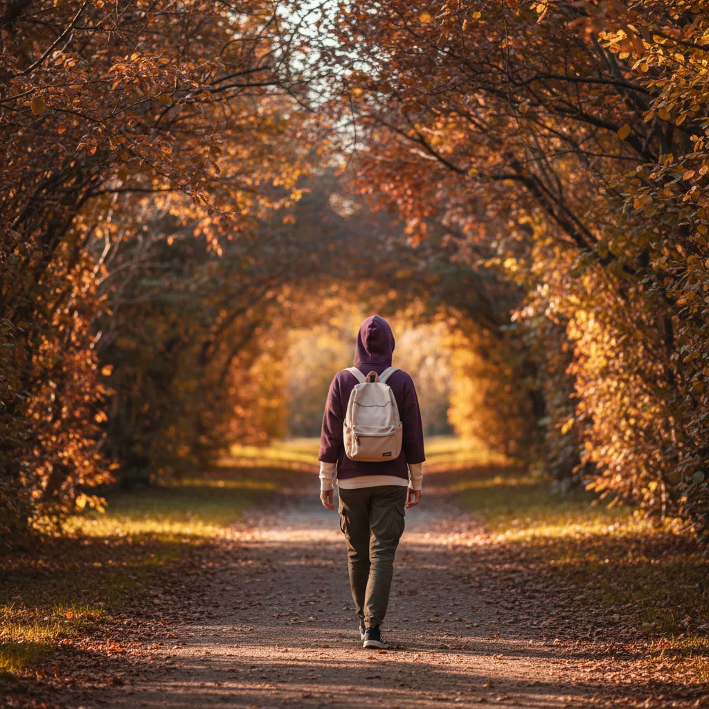 Anonymous figure walking in a sunlit park - post-meal daily movement habit